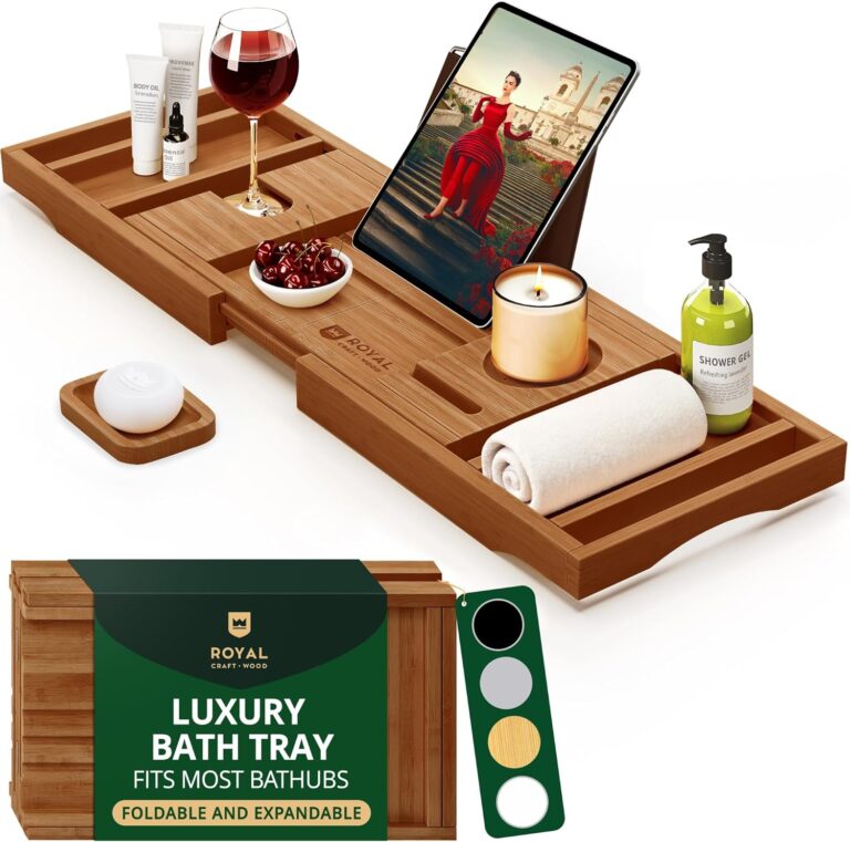 ROYAL CRAFT WOOD Premium Foldable Bathtub Tray | Expandable Bamboo Bath Table Shelf