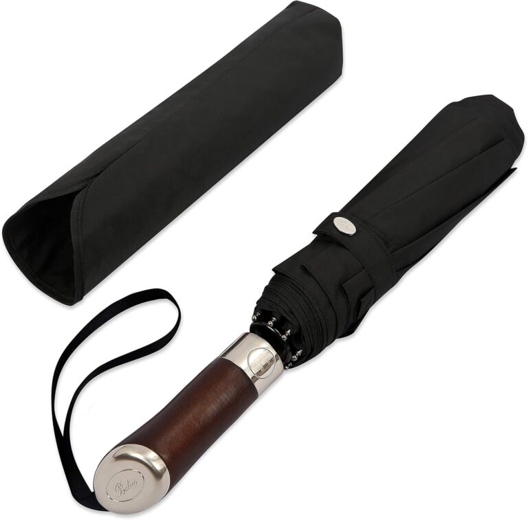 Balios Luxury Travel Umbrella with Golden Hardwood Handle | Auto Open/Close & Windproof