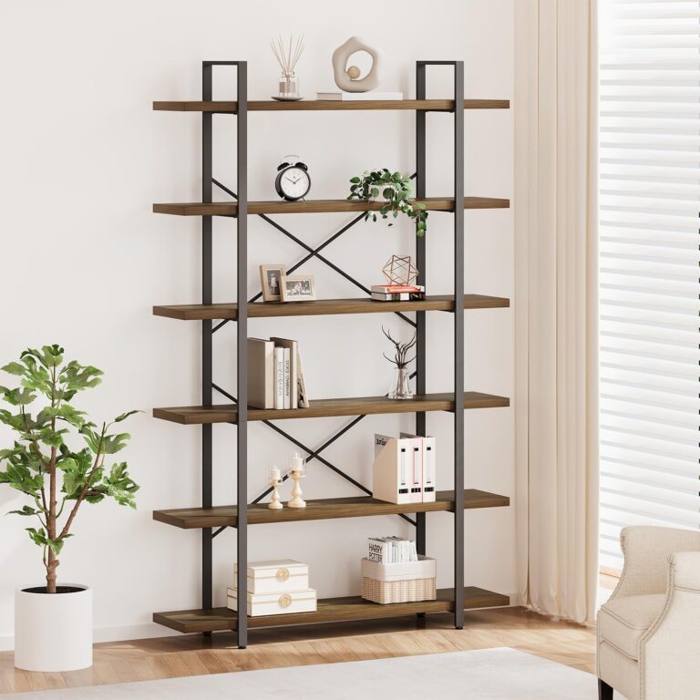 HSH 6-Shelf Tall Bookcase – Rustic Oak Storage & Display Shelf for Living Room, Bedroom, Office