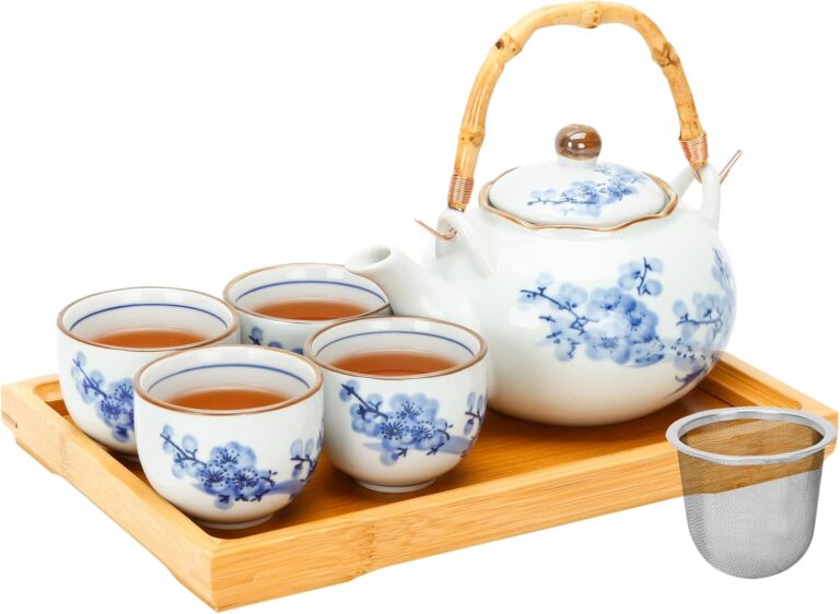 Japanese Tea Set Porcelain Blue & White Tea Set for 4 with Infuser & Bamboo Tray – Plum & Bamboo Design