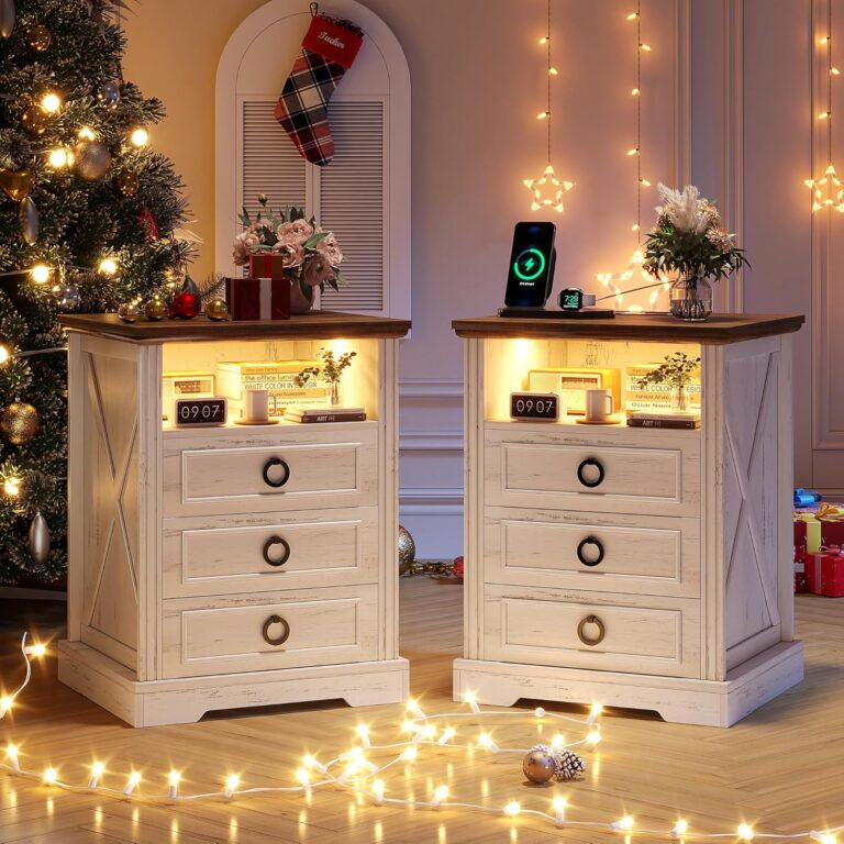 Farmhouse Nightstand Set with Charging Station & LED Light | 3-Drawer Smart Bedside Table with Human Sensor, White Chest