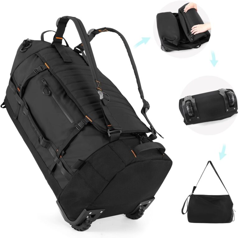 29″ 86L Foldable Wheeled Duffle Bag – Waterproof Travel Rolling Backpack with Quilted Bottom, Black
