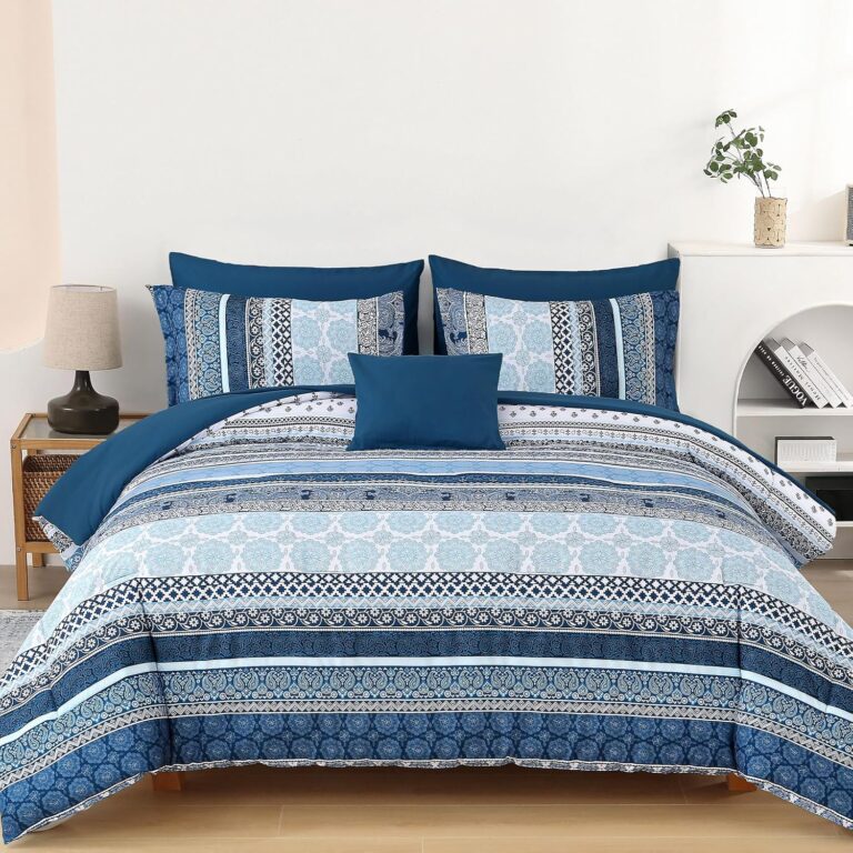 Boho Comforter Set Queen Size, 8-Piece Navy Blue Bohemian Bed in a Bag | Striped & Paisley Microfiber