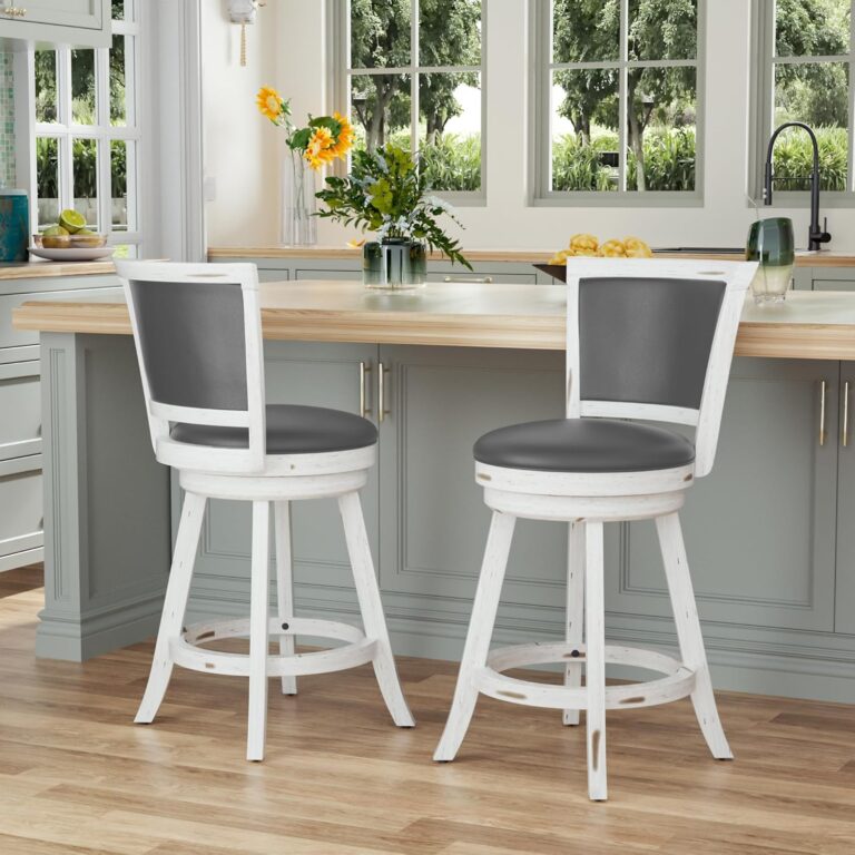 Swivel Bar Stools Set of 2, 24″ Counter Height with Back & Faux Leather Seat – White Kitchen Island Chairs
