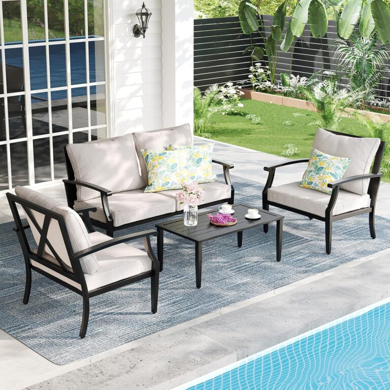4-Piece Patio Furniture Set: Beige Outdoor Metal Sofa, Loveseat & Coffee Table for Backyard, Poolside & Deck