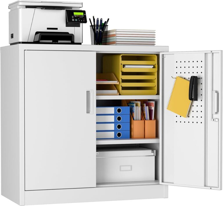 White Metal Garage Storage Cabinet with Lock & Pegboard | 2-Door Steel File Cabinet with Adjustable Shelves