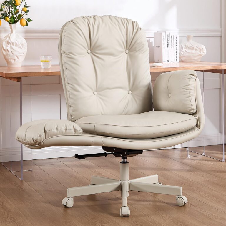 Criss Cross Chair with Armrests & Wheels: Adjustable Swivel Office Desk Chair for Cross-Legged Sitting – Cream PU Leather