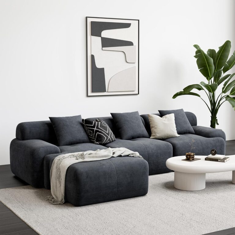 LIKIMIO 118″ Modern L-Shaped Sectional Sofa with Ottoman, Corduroy Upholstery in Charcoal Blue – No Assembly Required