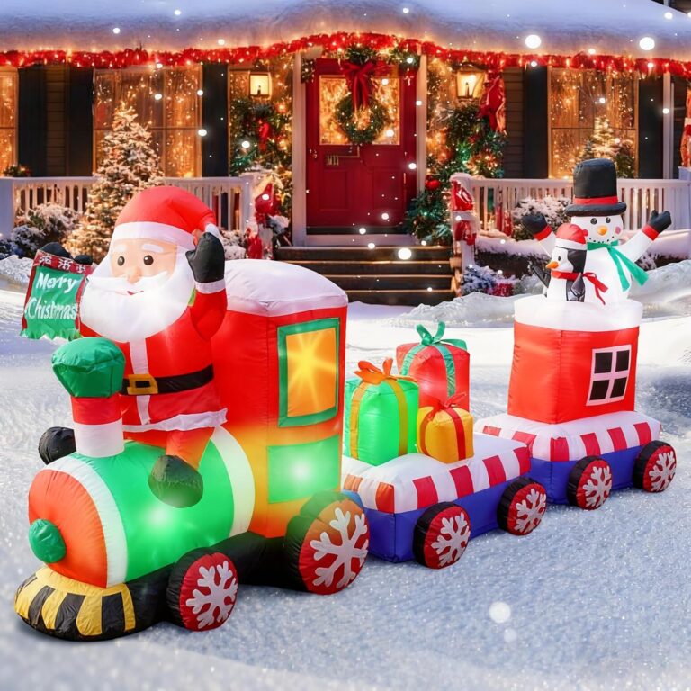 8 FT LED Christmas Inflatable Santa Train with Snowman & Penguin | Outdoor Holiday Yard Decor
